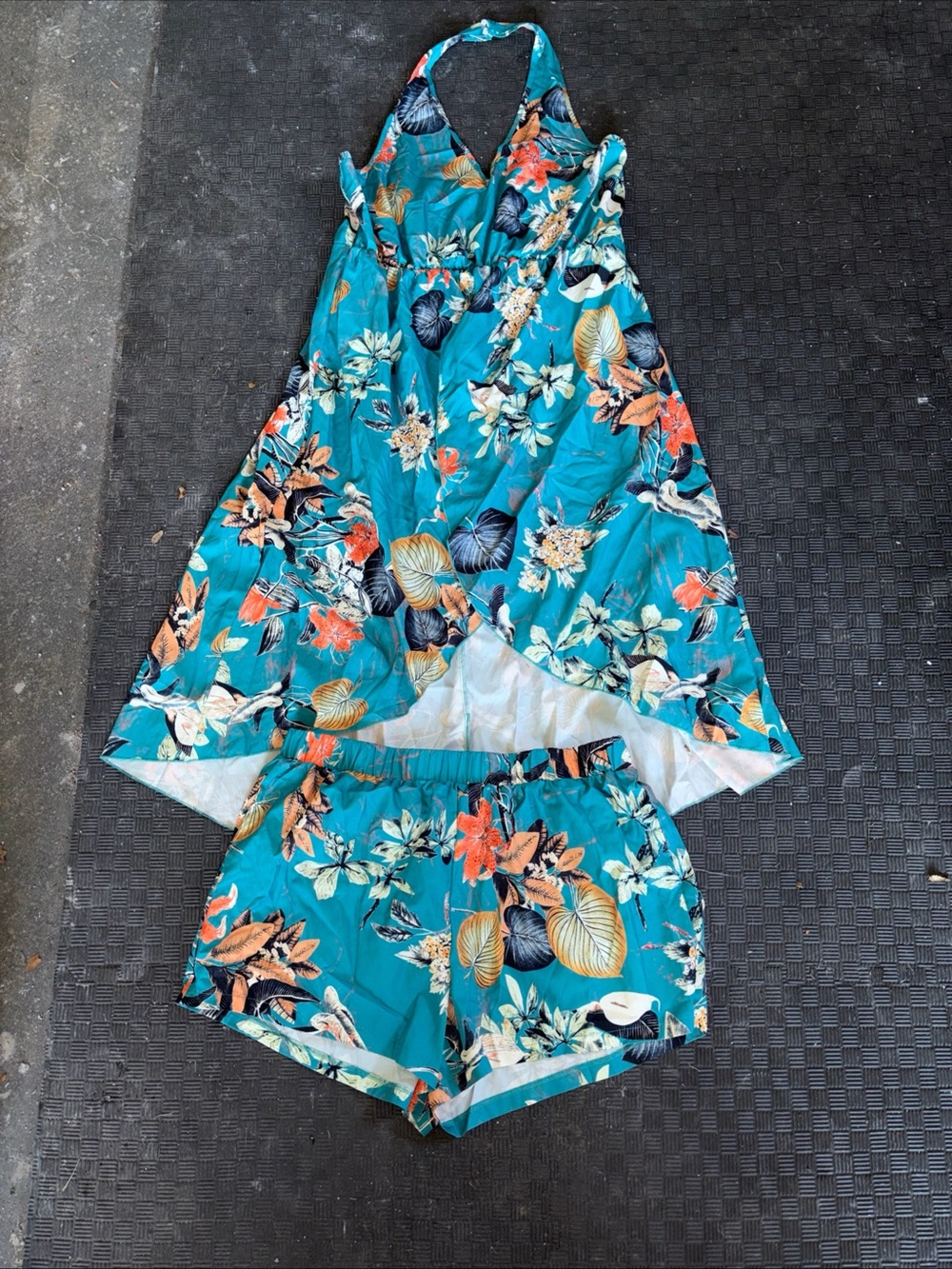 SHEIN Teal Floral Halter Tankini Top and Shorts Set